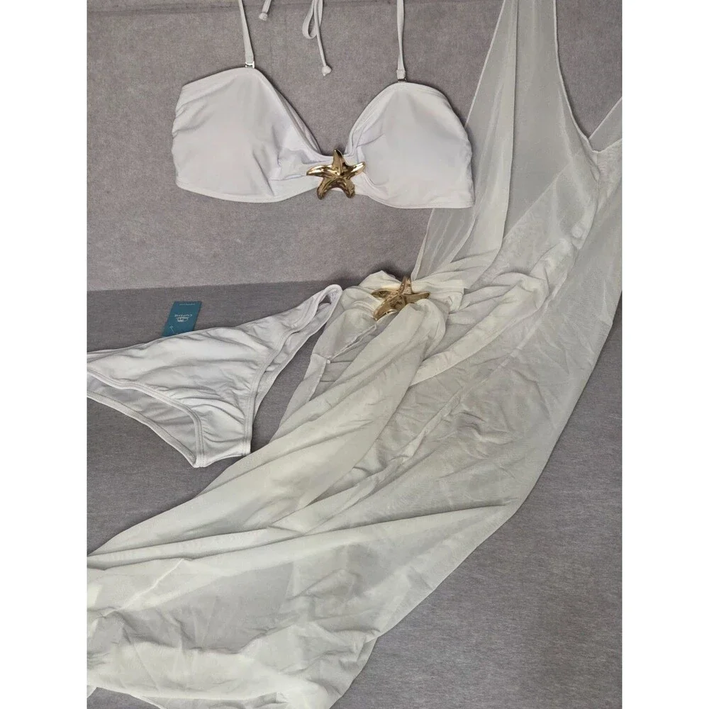 CUPSHE White 3 Pc Bikini Set Cover Up Gold Starfish Accent Women Swimwear Sz XL